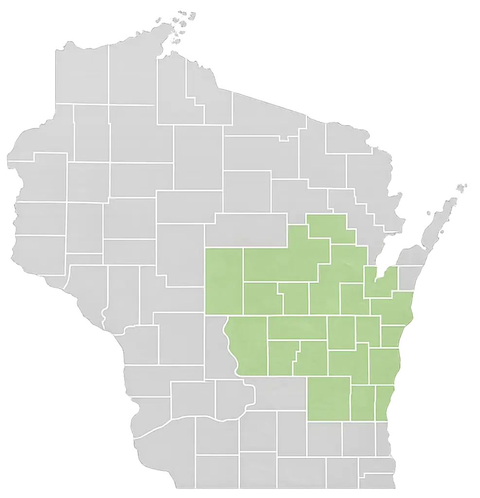 Service area map showing lawn care and snow removal coverage in Appleton and the Fox Cities, Wisconsin