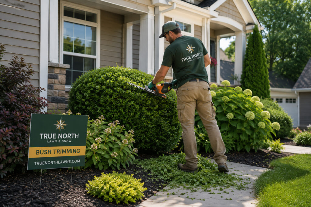 True North Lawn & Snow crew member trimming bushes at a residential property in Appleton, Wisconsin