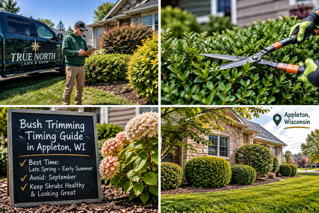 Bush trimming timing guide showing professional shrub trimming and maintained landscaping in Appleton, Wisconsin