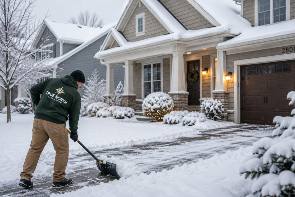 True North Lawn & Snow crew member clearing a residential driveway in Appleton, Wisconsin